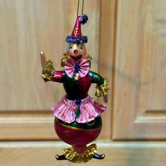 Clown Jester Blown Glass Christmas Ornament Painted Pink Green 6 Inches - Picture 1 of 7